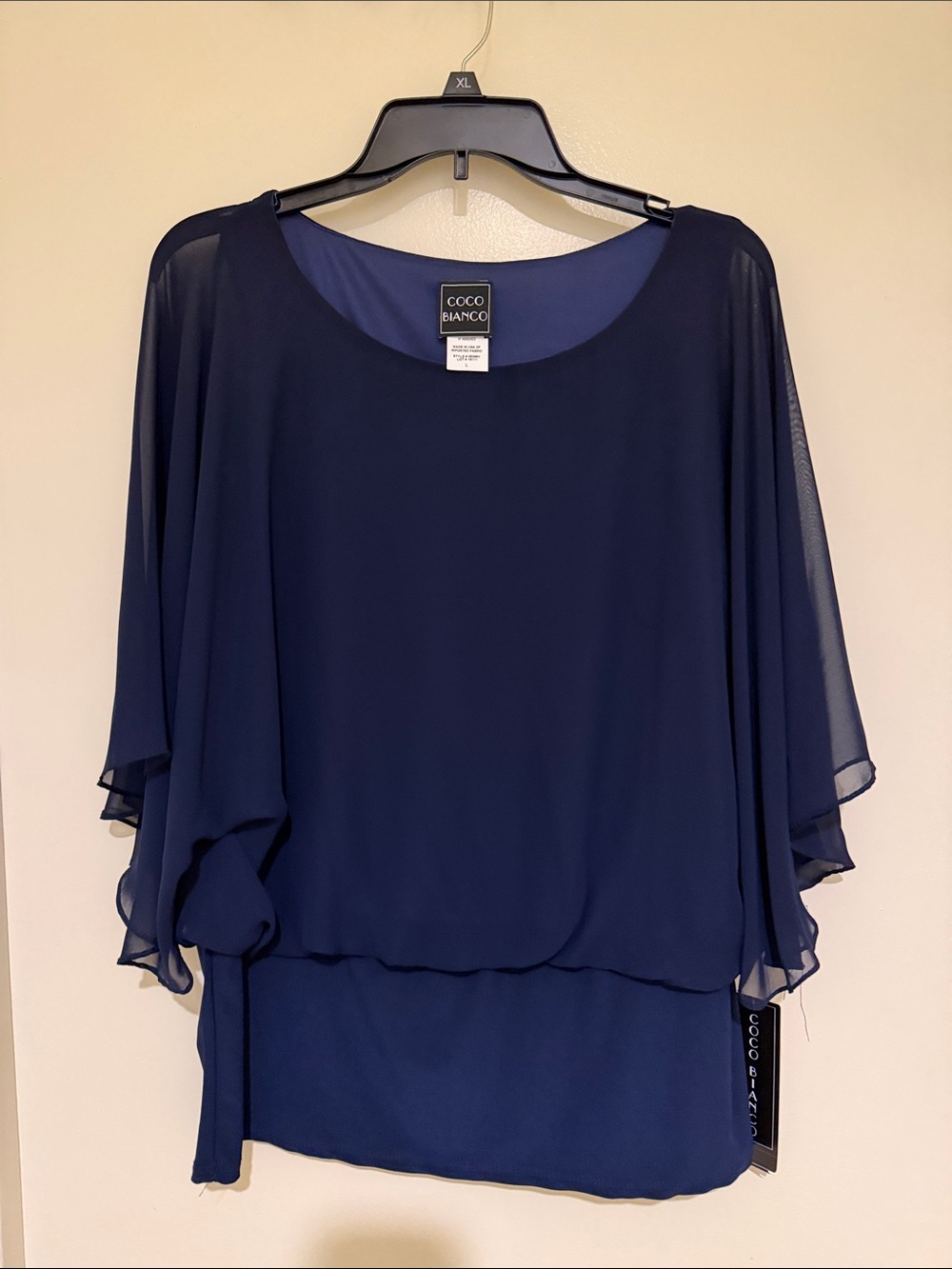 Coco Bianco Navy Chiffon Flutter Sleeve Long-Sleeve Blouse